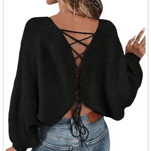 Open Back Sweater Women's Oversized Charcoal Lace Up Comfy Knit